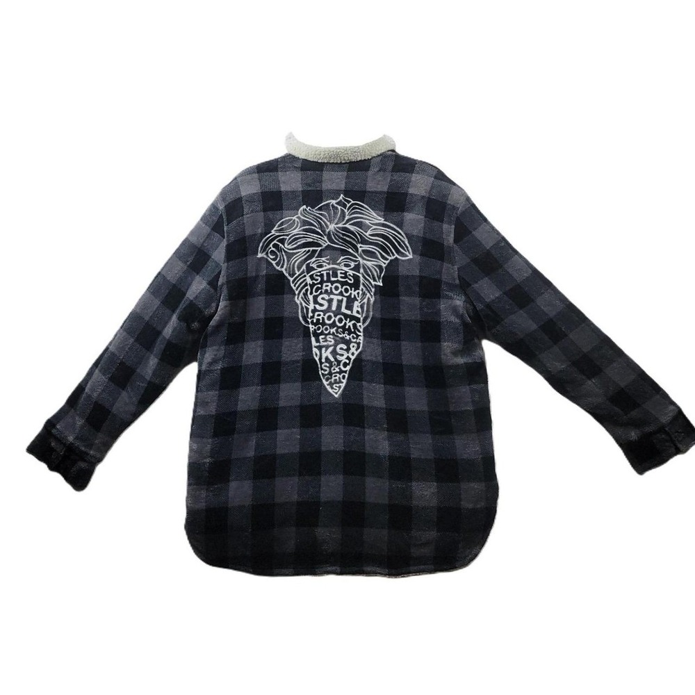 Crooks & Castles Shirt Jacket Mens Large Gray Buffalo Plaid Sherpa Fleece Lined